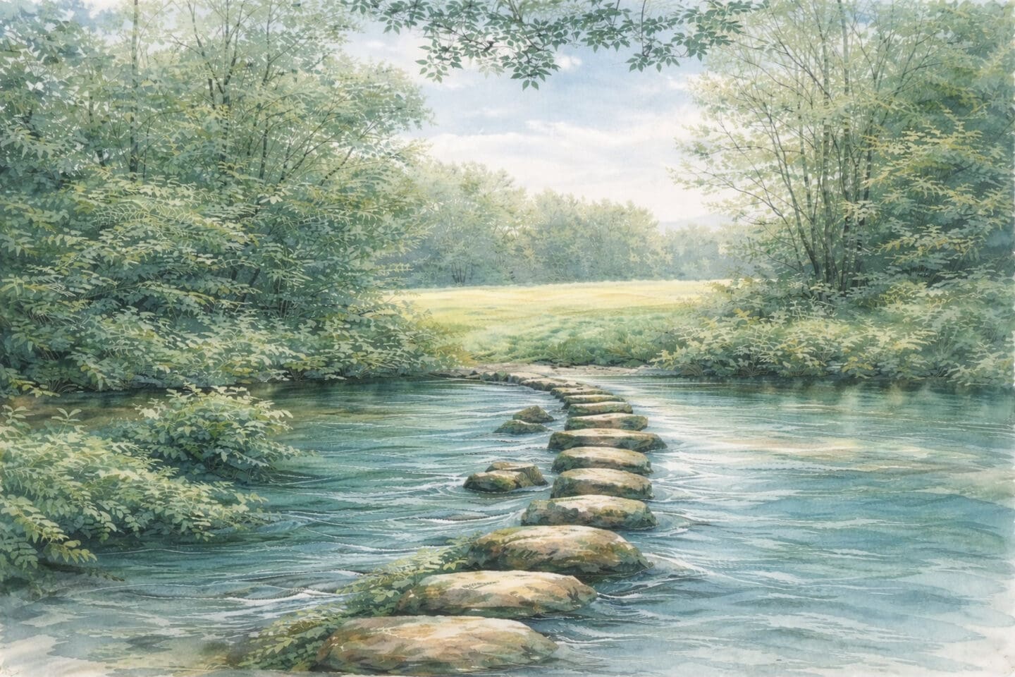 A calming image of a series of stepping stones across a peaceful river is used as metaphor for clinical hypnotherapy explained. Also as a powerful symbol of hypnotherapy for anxiety and pain relief