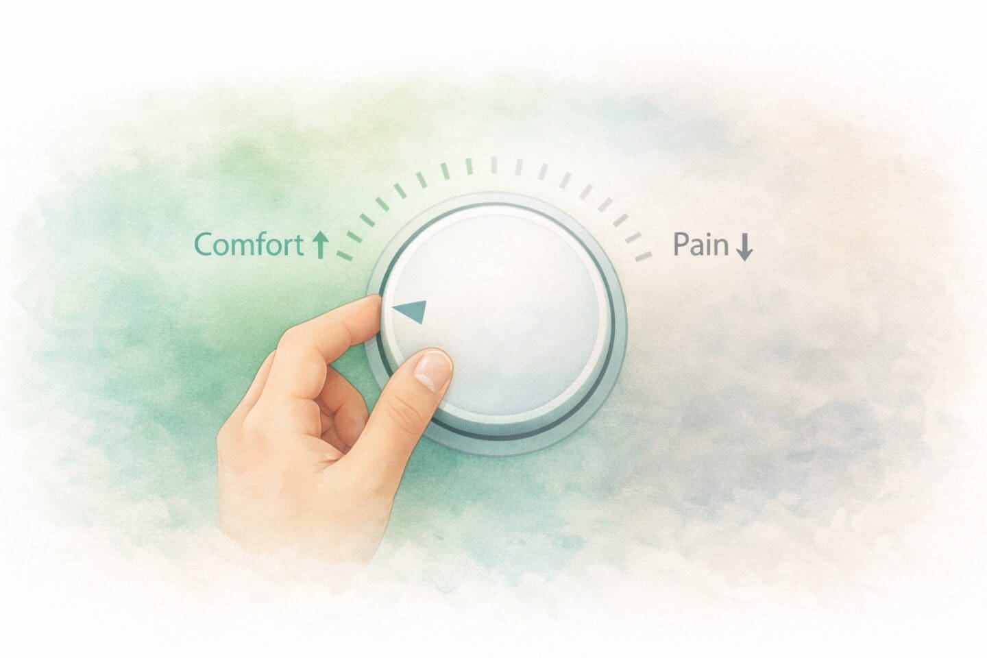 An image of a hand turning down a dial. The dial moves anti-clockwise from pain to comfort. The message is hypnotherapy for pain relief: a natural way to manage pain.